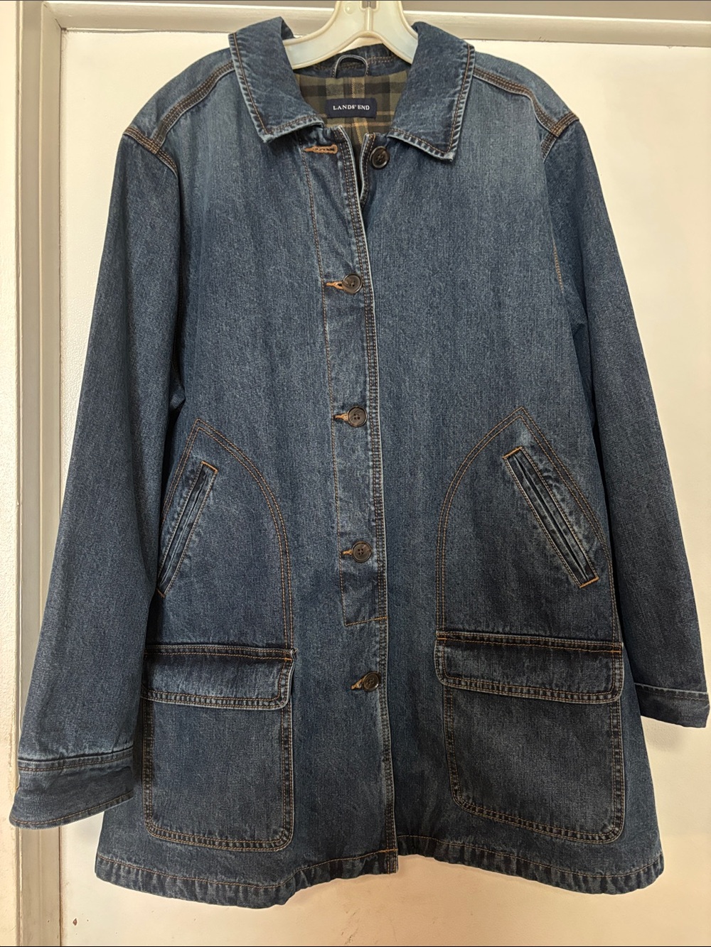 Lands' End Unisex Barn Jacket Medium Blue Denim Jacket with Contrast Stitching